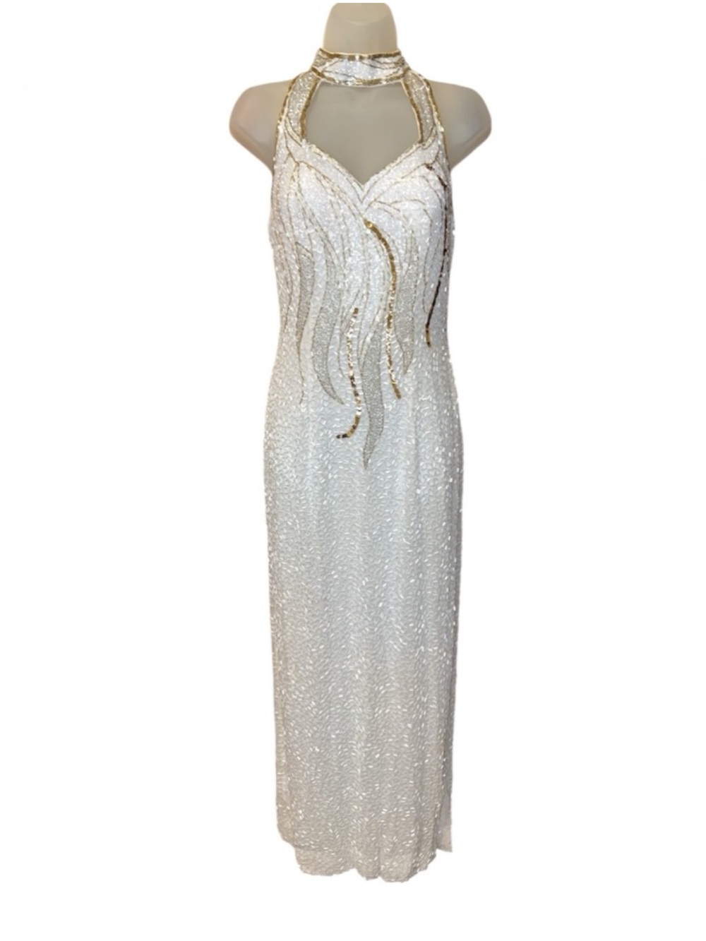 ALYCE DESIGNS White and Gold Halter Sequence hand sewn beaded dress